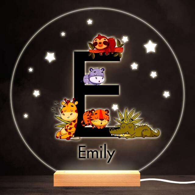 Sleeping Baby Safari Animals Letter E Round Personalised Gift Lamp Night Light - Bedroom - image 1