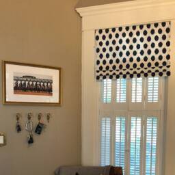 Faux Roman Shade Valance in Navy White Ikat Dots, Custom Made Fully Lined Modern Valance, Quick Ship Ready To Hang Kitchen Window Treatments - thumbnail 1