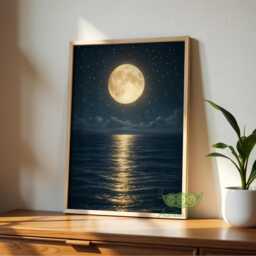 Moonlight Ocean Wall Art Print, Moon Night Seascape Painting, Moody Coastal Decor, Dark Sky Art, Serene Bedroom & Living Room - thumbnail 3