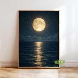 Moonlight Ocean Wall Art Print, Moon Night Seascape Painting, Moody Coastal Decor, Dark Sky Art, Serene Bedroom & Living Room - thumbnail 1
