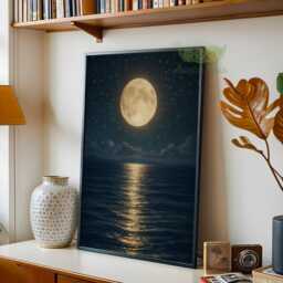 Moonlight Ocean Wall Art Print, Moon Night Seascape Painting, Moody Coastal Decor, Dark Sky Art, Serene Bedroom & Living Room - thumbnail 2