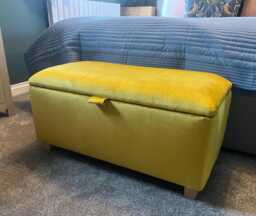 Handmade Velvet Storage Ottoman Bright Upholstered Footstool With Oak Feet - thumbnail 1