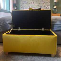 Handmade Velvet Storage Ottoman Bright Upholstered Footstool With Oak Feet - thumbnail 2