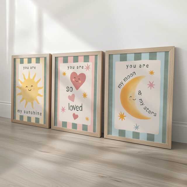 Set Of 3 Retro Striped Nursery Wall Art Prints - Sunshine, Moon & Heart Art With Optional Frames You Are So Loved - image 1