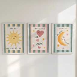 Set Of 3 Retro Striped Nursery Wall Art Prints - Sunshine, Moon & Heart Art With Optional Frames You Are So Loved - thumbnail 2