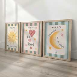 Set Of 3 Retro Striped Nursery Wall Art Prints - Sunshine, Moon & Heart Art With Optional Frames You Are So Loved - thumbnail 1