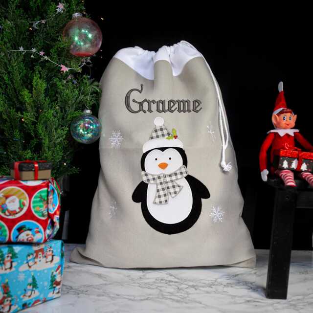 Personalised Embroidered Large Grey Christmas Santa Sack With Reindeer, Penguin, Snowman, Jumbo Xmas Stocking - Oversized Gift - image 1