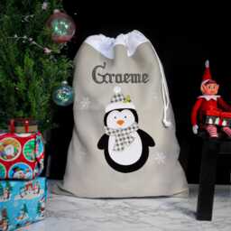 Personalised Embroidered Large Grey Christmas Santa Sack With Reindeer, Penguin, Snowman, Jumbo Xmas Stocking - Oversized Gift - thumbnail 1
