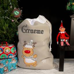 Personalised Embroidered Large Grey Christmas Santa Sack With Reindeer, Penguin, Snowman, Jumbo Xmas Stocking - Oversized Gift - thumbnail 3
