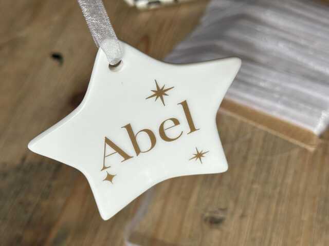 Personalised Celestial Star Christmas Ornament Ceramic Or Frosted Glass Bauble - image 1