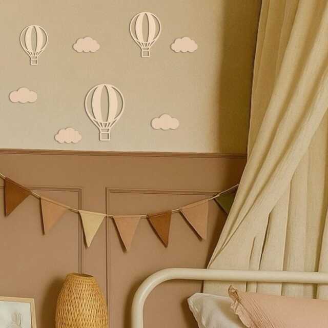 Wooden Hot Air Balloon Wall Art - Boho Nursery Cloud Decor Decal Stickers Girls Bedroom - image 1