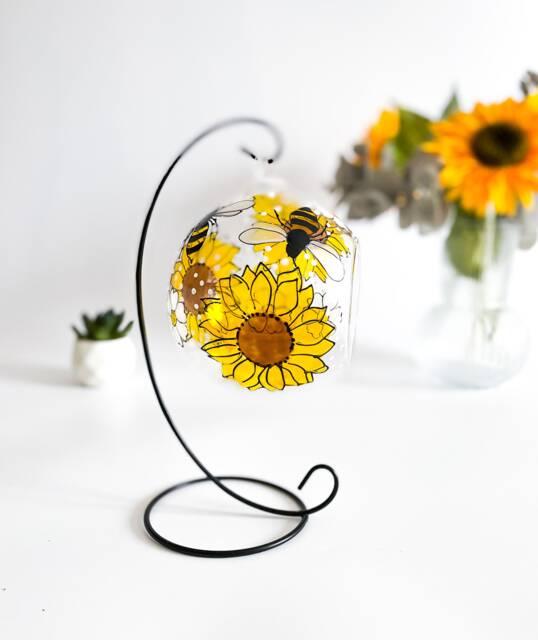 Hand Painted Sunflower Glass Candle Holder With Bees - Nature Inspired Decor - image 1