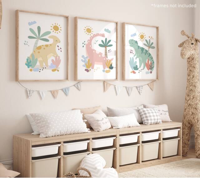 Set Of 3 Pastel Dinosaur Prints, Bedroom Decor, Girl Nursery Playroom Scandi Kids Ar - image 1