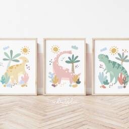 Set Of 3 Pastel Dinosaur Prints, Bedroom Decor, Girl Nursery Playroom Scandi Kids Ar - thumbnail 2