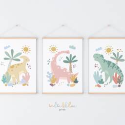 Set Of 3 Pastel Dinosaur Prints, Bedroom Decor, Girl Nursery Playroom Scandi Kids Ar - thumbnail 3