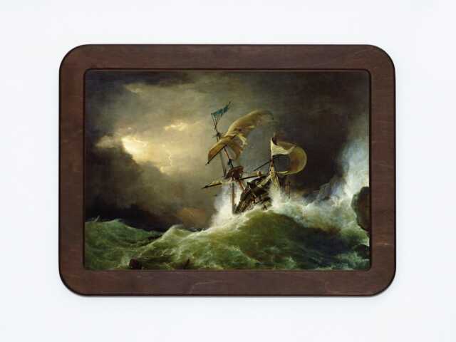 A First Rate Man-Of-War George Philip Reinagle Ship Storm Sea Painting Wooden Framed Art Print - image 1