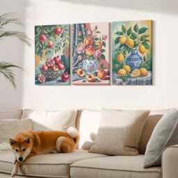 Canvas Set Of 3 Wall Art - Painted Flowers & Fruit in Vases, Orange Art, Plants Hanging Piece