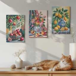 Canvas Set Of 3 Wall Art - Painted Flowers & Fruit in Vases, Orange Art, Plants Hanging Piece - thumbnail 3
