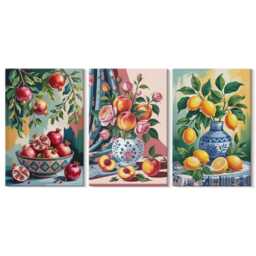 Canvas Set Of 3 Wall Art - Painted Flowers & Fruit in Vases, Orange Art, Plants Hanging Piece - thumbnail 2