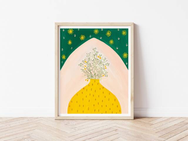 Yellow Art Print, Vintage Vase Art, Botanical Wall Bedroom Ethnic House Warming Gift, House Plant Artfor Mother - image 1