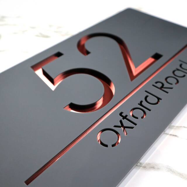 K Smart Sign - Bellissima H3 Laser Cut Matt Dark Gray Anthracite & Rose Gold Mirror Personalised Porch House Plaque 300mm X 160mm - image 1