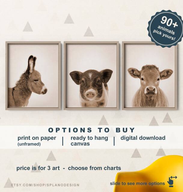 Baby Farm Animal Canvas Or Paper, Prints Nursery, Barnyard Art Sepia Style, Nursery Decor, Donkey Pig Cow - image 1