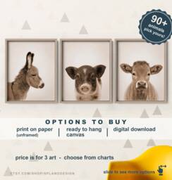 Baby Farm Animal Canvas Or Paper, Prints Nursery, Barnyard Art Sepia Style, Nursery Decor, Donkey Pig Cow - thumbnail 1