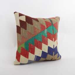 Handmade Turkish Kilim Pillow Embroidered Wool Cushion Cover - 18''x18'' - thumbnail 3