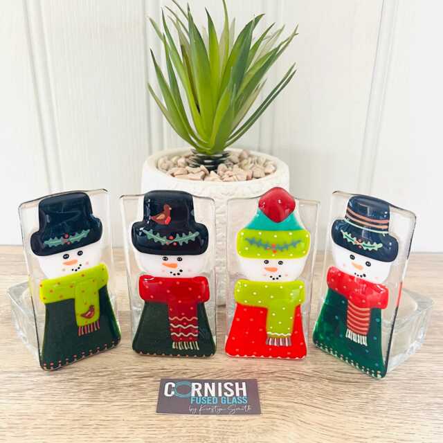 Fused Glass Snowman Candle Holder Christmas Decoration - Cornish Glass, Fused Glass Cornwall - image 1