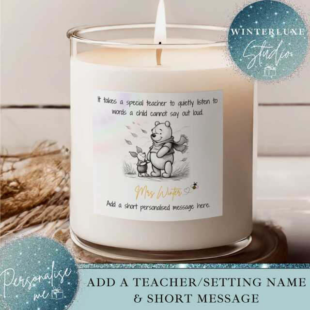 Personalised Thank You Teacher Candle, Appreciation Class Of 2025, End School Year, Senco Winnie The Pooh Candle - image 1
