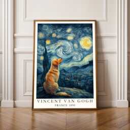 Golden Retriever Starry Night Poster, Van Gogh Print, Living Room Wall Art, Fall Style Gift, Gift For Coworker, 30Th Birthday Gifts Her - thumbnail 1