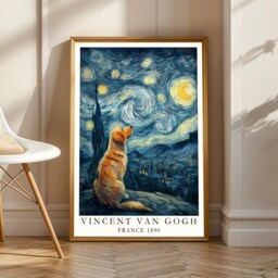 Golden Retriever Starry Night Poster, Van Gogh Print, Living Room Wall Art, Fall Style Gift, Gift For Coworker, 30Th Birthday Gifts Her - thumbnail 2