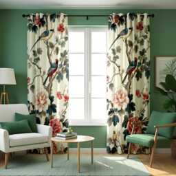 Chinoiserie Bird Curtains, Floral Botanical Design Custom Made Drapes - thumbnail 2