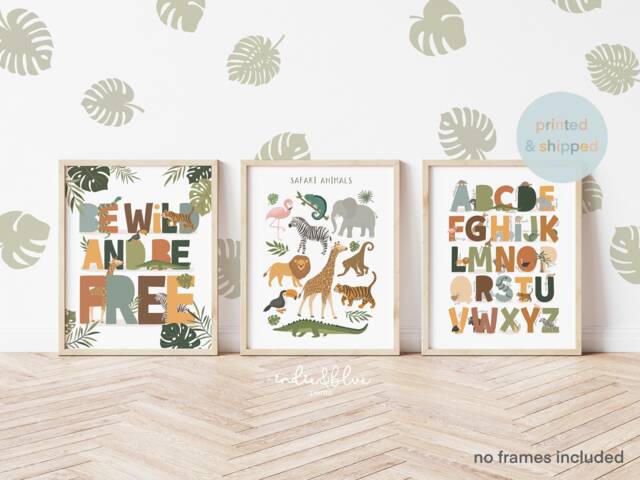 Set Of 3 Safari Animals Prints, Alphabet Print, Be Wild Jungle Playroom Scandi Kids Art - image 1