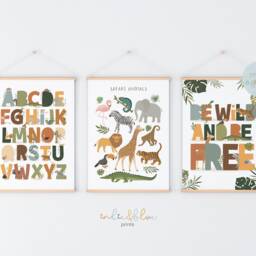 Set Of 3 Safari Animals Prints, Alphabet Print, Be Wild Jungle Playroom Scandi Kids Art - thumbnail 2