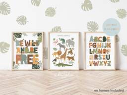 Set Of 3 Safari Animals Prints, Alphabet Print, Be Wild Jungle Playroom Scandi Kids Art - thumbnail 1
