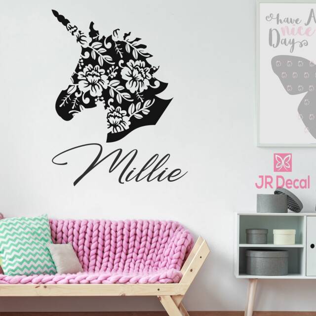 Personalized Unicorn Name Wall Decal, Floral Nursery Decor - image 1