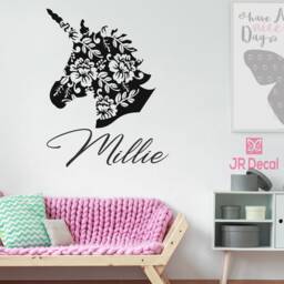 Personalized Unicorn Name Wall Decal, Floral Nursery Decor