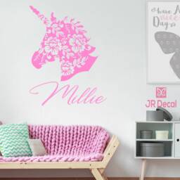 Personalized Unicorn Name Wall Decal, Floral Nursery Decor - thumbnail 3