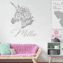 Personalized Unicorn Name Wall Decal, Floral Nursery Decor - thumbnail 2