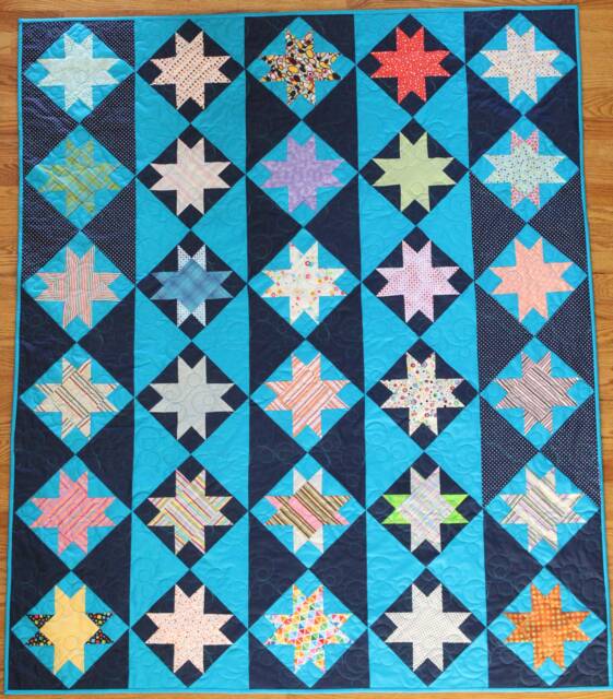 Large Throw - Blue Stars, Handmade, Blue, Turquoise, Multi-Color, 56 X 67, Stars - image 1