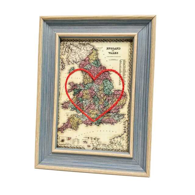England & Wales Heart Map - Custom Gift Anniversary For Him Framed Wedding Vintage UK Print Hand-Embroidered - image 1