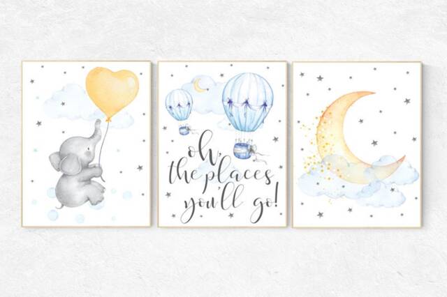 Hot Air Balloon Nursery Decor Moon, Stars, Elephant Art Print - image 1