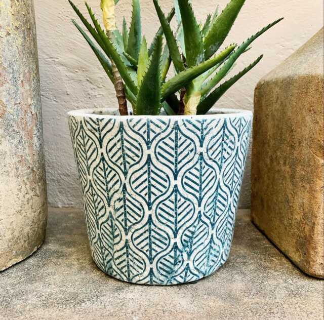 Large Dutch Pot - Crackle Glaze Plant With A Teal Blue Leaf Pattern Rustic White Cover Succulent Planter House - image 1
