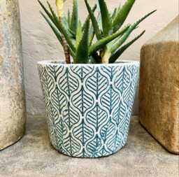 Large Dutch Pot - Crackle Glaze Plant With A Teal Blue Leaf Pattern Rustic White Cover Succulent Planter House - thumbnail 1