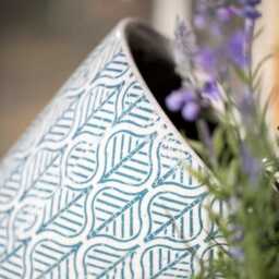 Large Dutch Pot - Crackle Glaze Plant With A Teal Blue Leaf Pattern Rustic White Cover Succulent Planter House - thumbnail 3