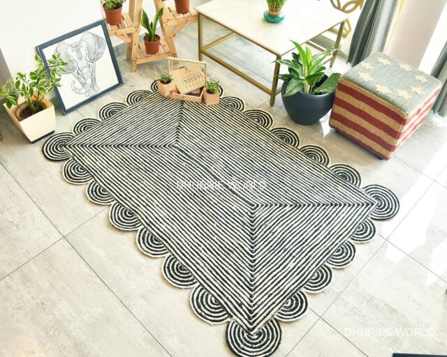 Black Scalloped Jute Rug, Scallop Area Natural Boho Bohemian Decor Custom Size Handwoven Rug - image 1