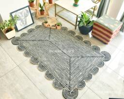 Black Scalloped Jute Rug, Scallop Area Natural Boho Bohemian Decor Custom Size Handwoven Rug - thumbnail 1