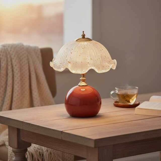 Vintage Glass Aesthetic Table Lamp, Fluted Flower Petal Desk Ambient Bedside Lamp Gift - image 1