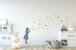 Wall Decal Starry Child, Gold Star Soap Bubble Girl Diy Sticker Art, Starry Sky Decal, Stars, Kids Room Decor - thumbnail 1